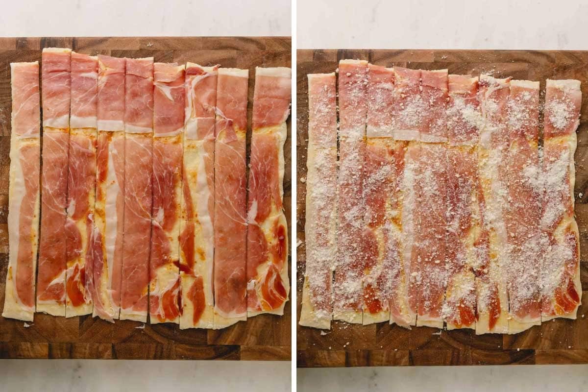 Raw puff pastry strips layered with apricot jam, prosciutto, and parmesan cheese.