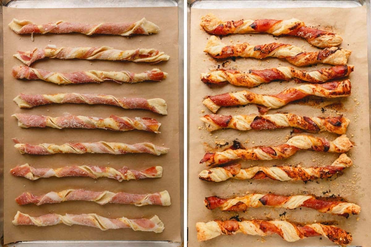 One sheet pan of unbaked prosciutto puff pastry twists and one sheet pan of baked puff pastry twists.