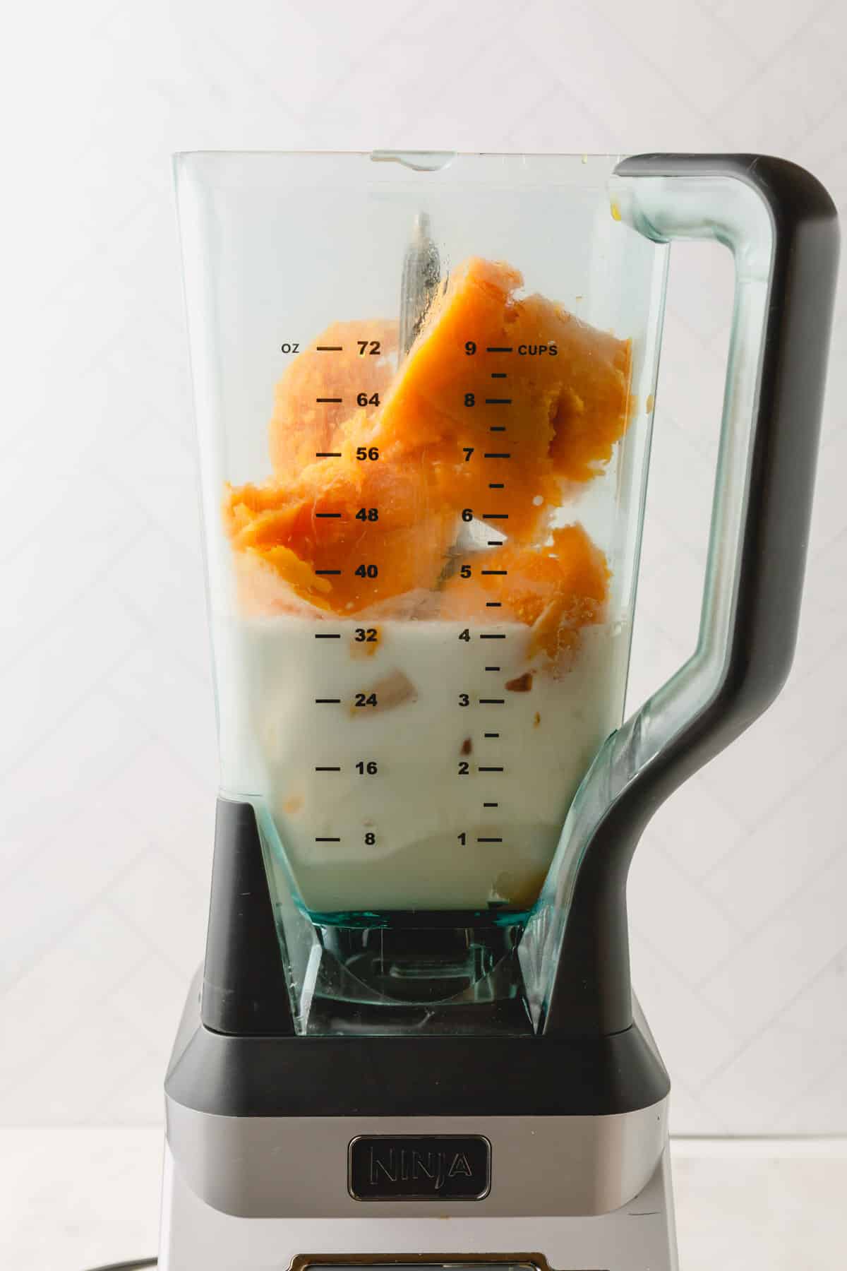 Coconut orange Julius ingredients in a blender.