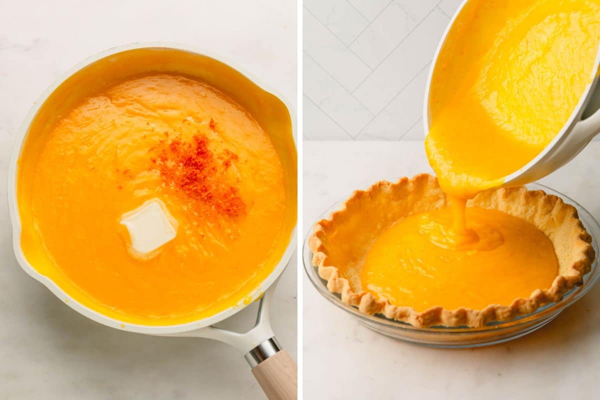 Orange curd filling in a pot and then being poured into a pie crust.