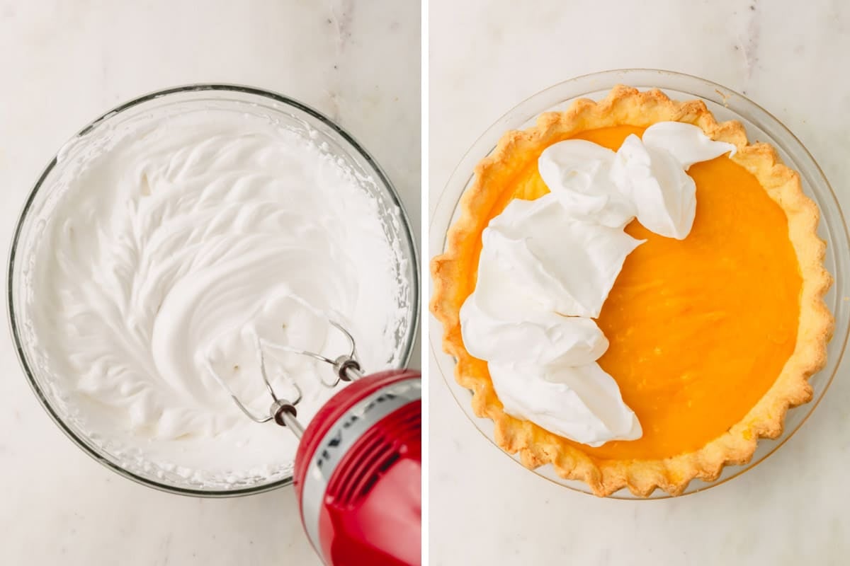 Whipped meringue in a bowl and the meringue on top of an orange meringue pie.