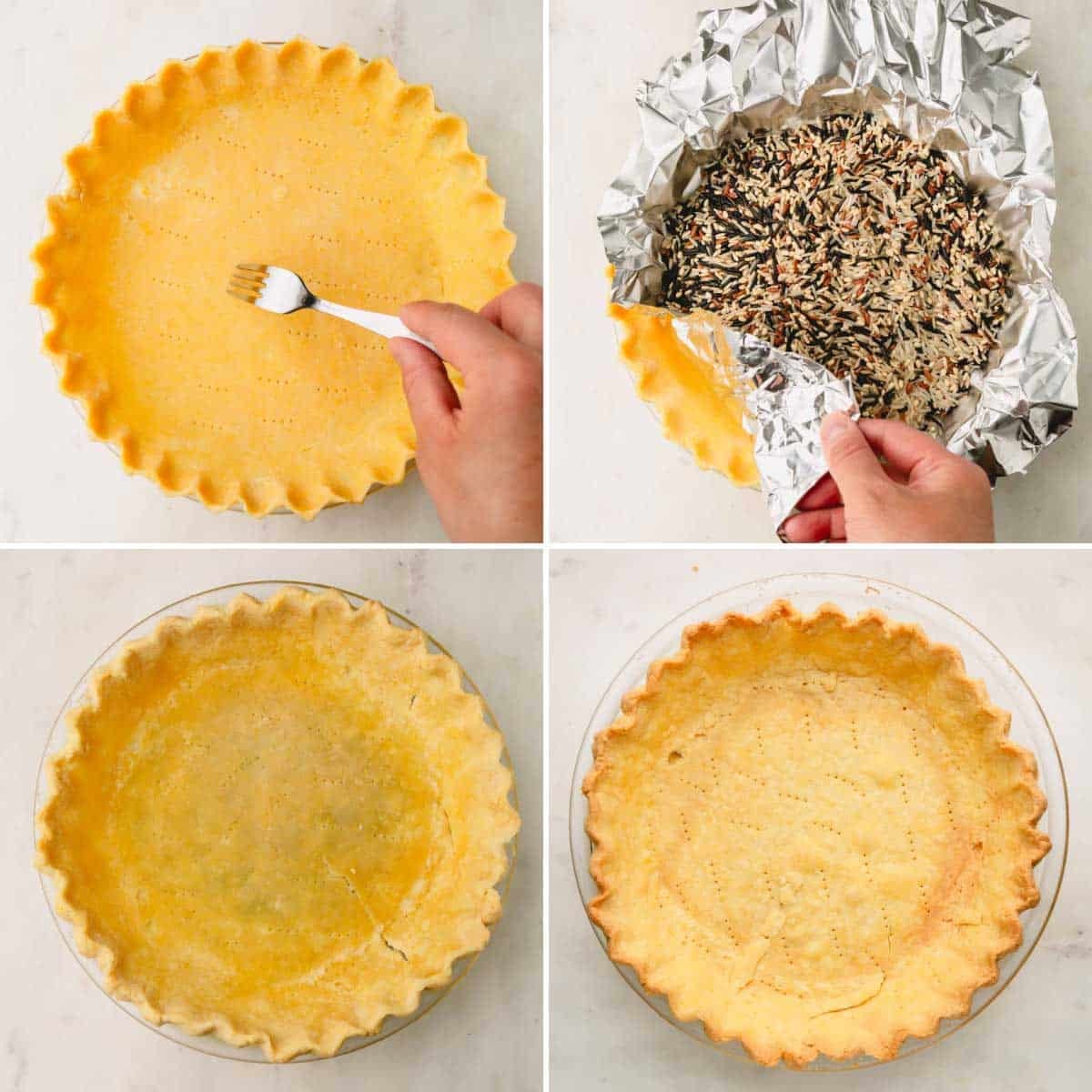 Four images showing the process of par-baking a pie crust.