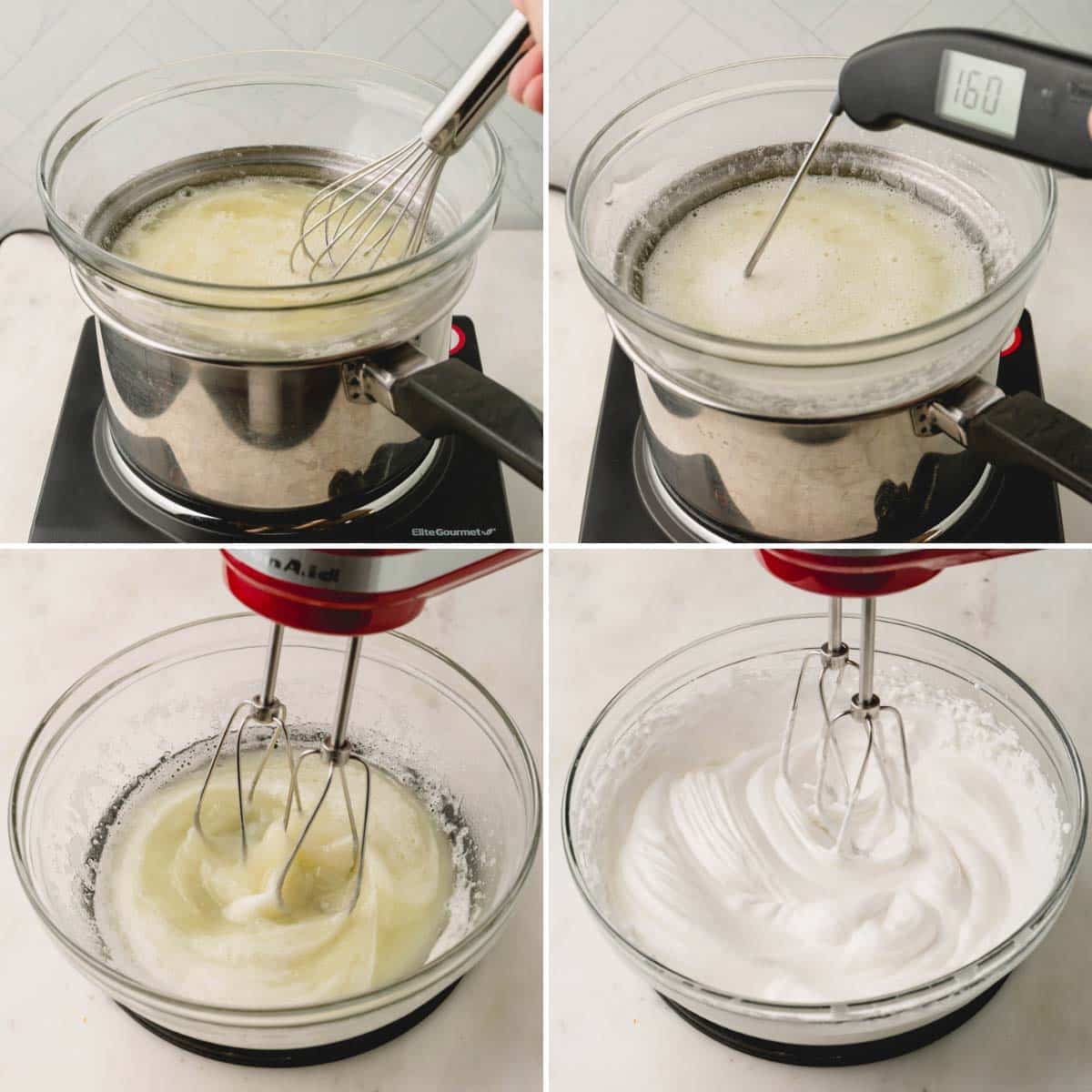 Four images showing the process of making meringue for a pie.