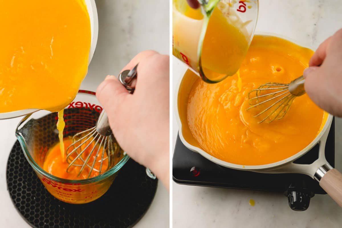 Orange curd being whisked in a measuring cup and then poured into a skillet.