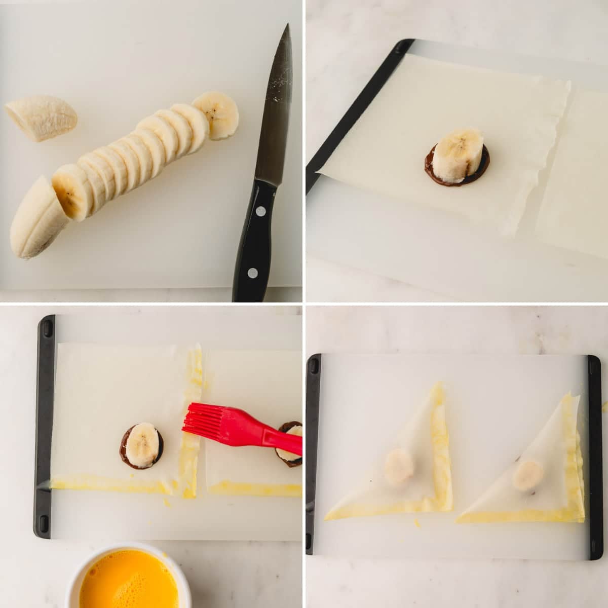 Four images showing the process of filling banana Nutella wontons.
