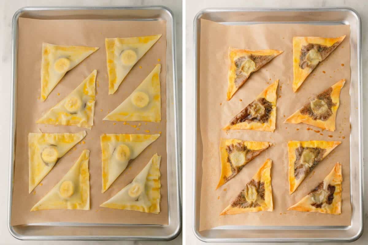 Unbaked and baked banana Nutella wontons on two baking sheets.