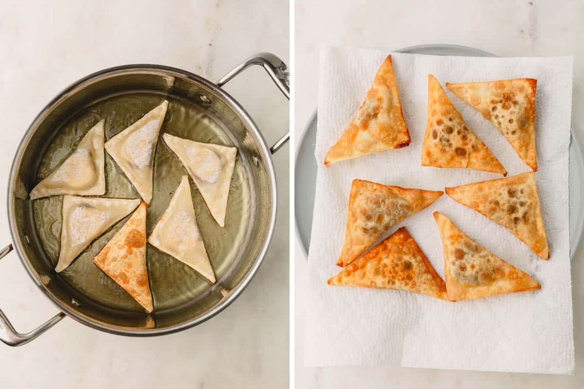 Banana Nutella wontons frying in a pot and draining on a paper towel.