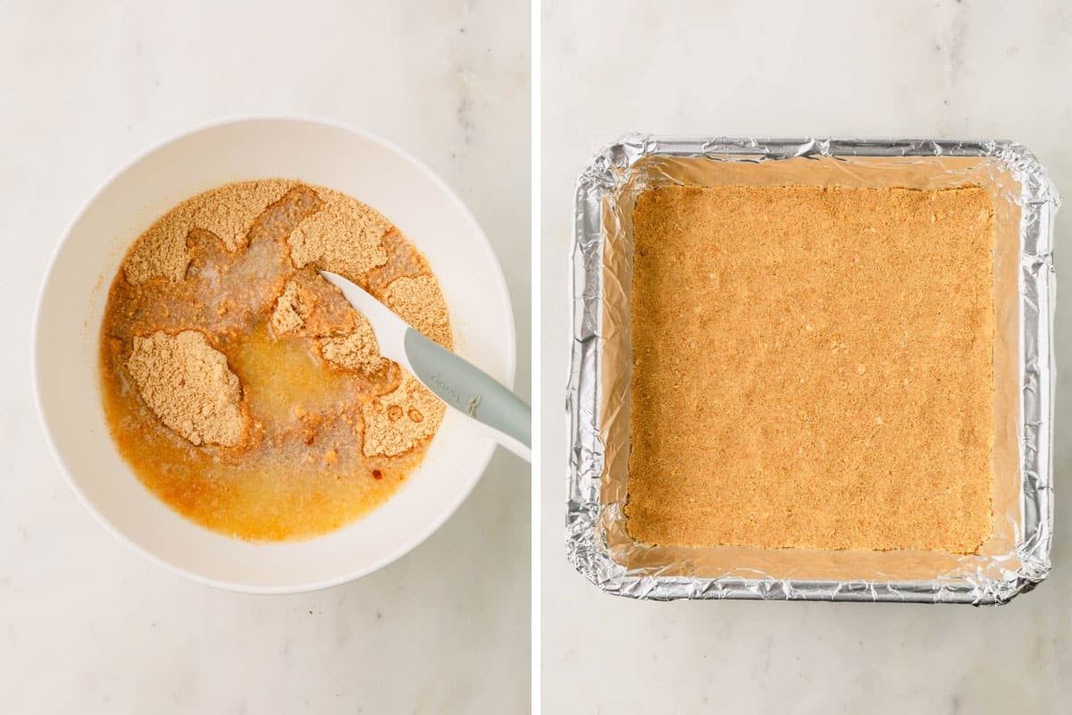 Graham cracker crumbs and butter being mixed in a bowl and the mixture pressed into a square baking pan.