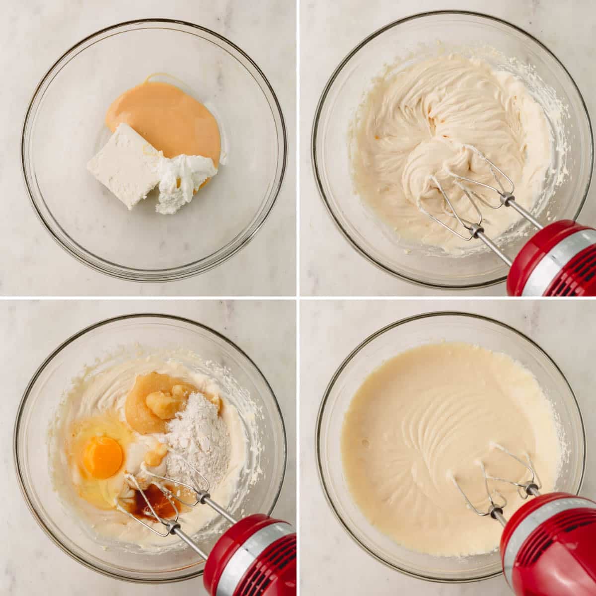 Four images showing the process of beating ingredients to make a cheesecake filling.