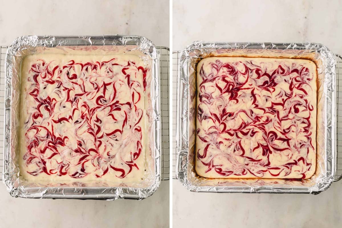 Unbaked lemon raspberry cheesecake bars and baked lemon raspberry cheesecake bars in a pan.