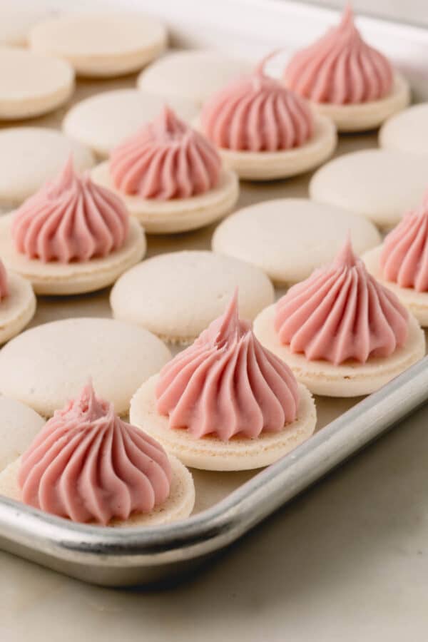 White macaron shells topped with strawberry ganache.