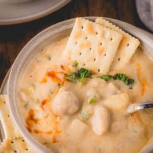 A bowl of oyster stew with a spoon and two crackers sticking out.