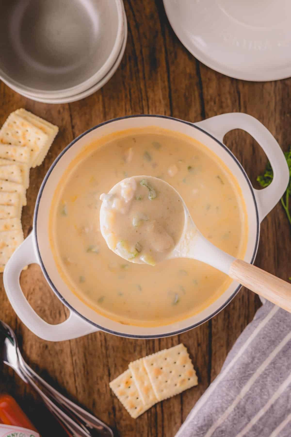 A ladle lifting a scoop of oyster stew above a pot of stew surrounded by crackers.