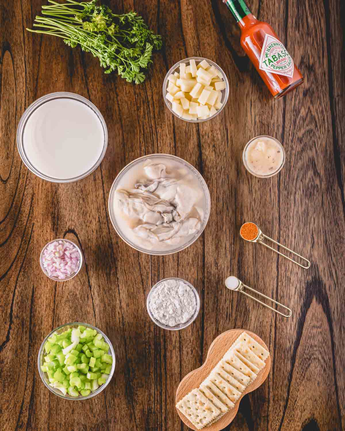 Ingredients to make oyster stew with potatoes.