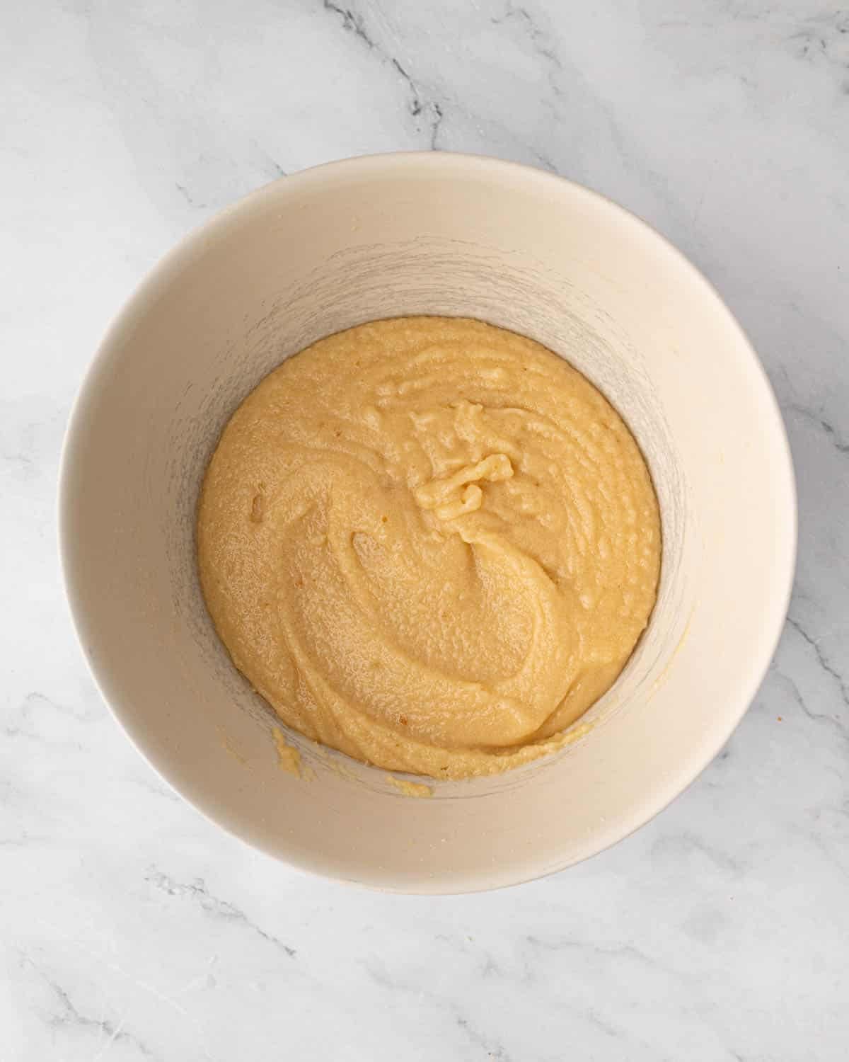 Wet ingredients for red velvet brownies in a bowl.