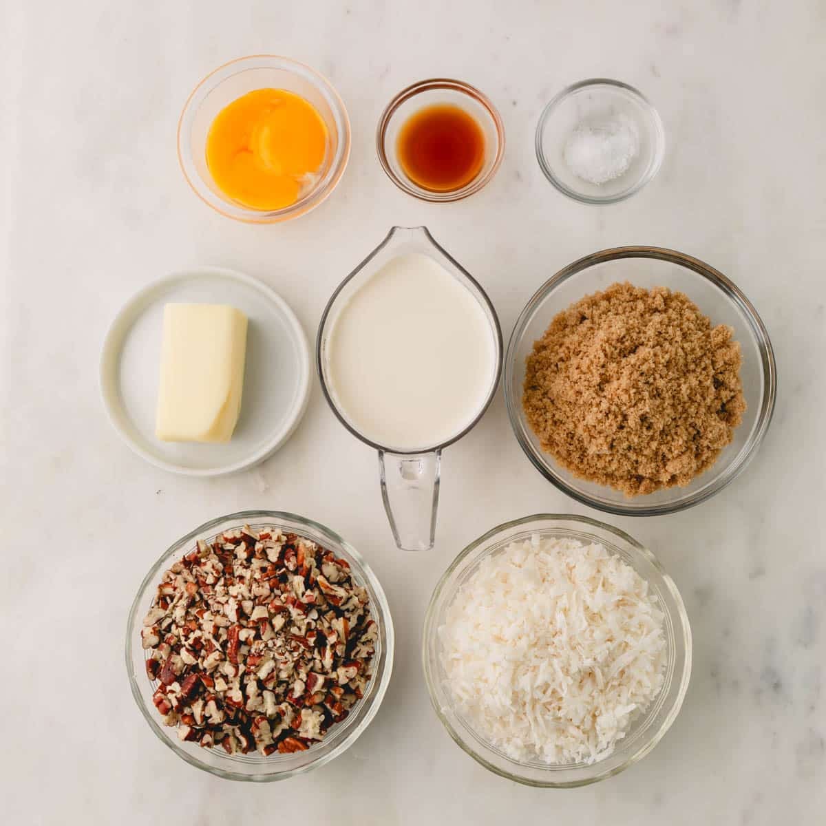 Ingredients for coconut pecan frosting for German chocolate cake.