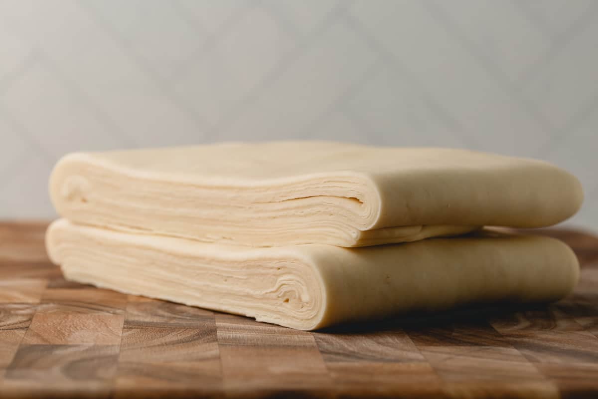 Side view of finished lamination of croissant dough.