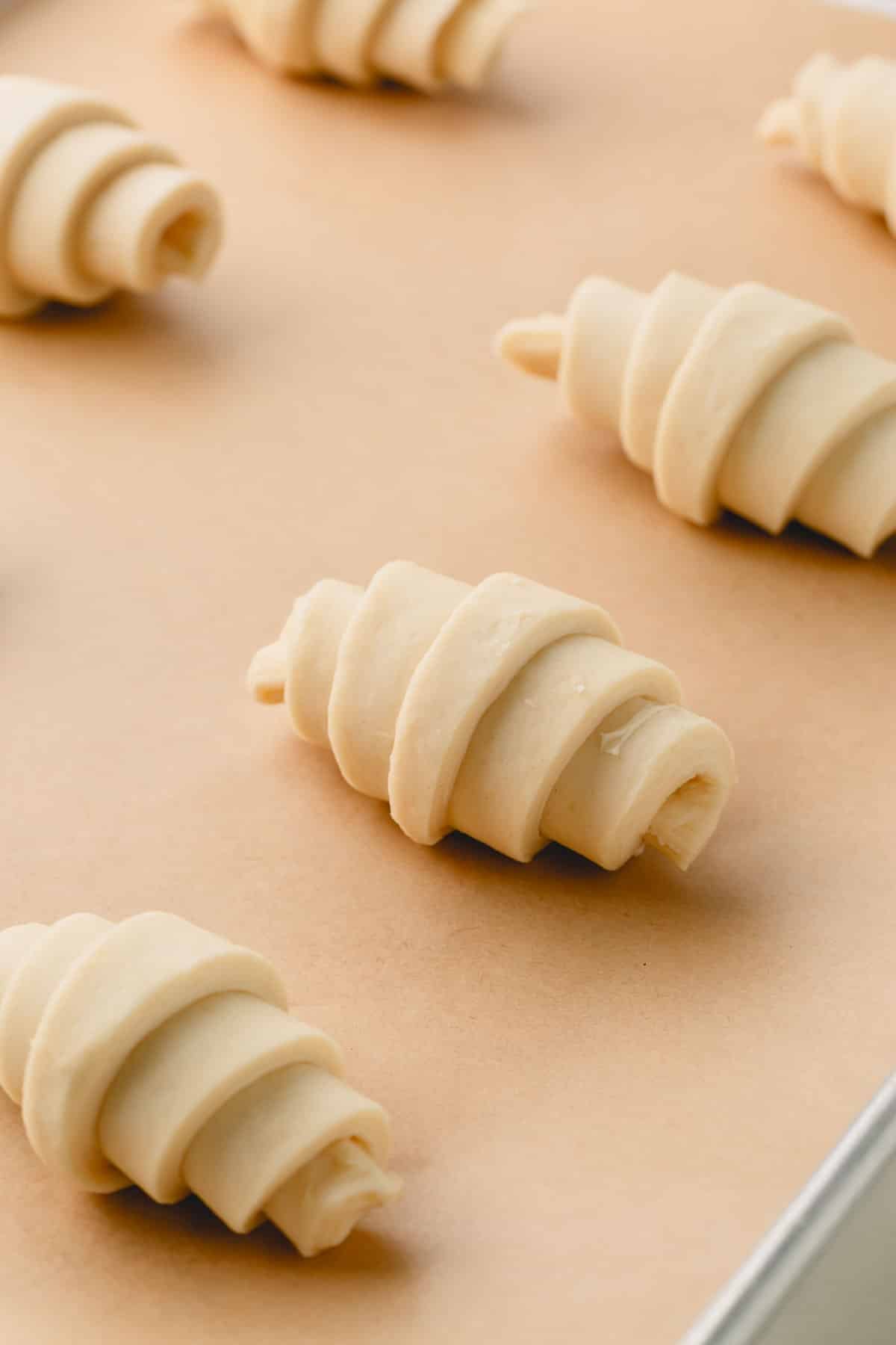 Rolled croissants on a baking sheet with parchment paper ready to proof.