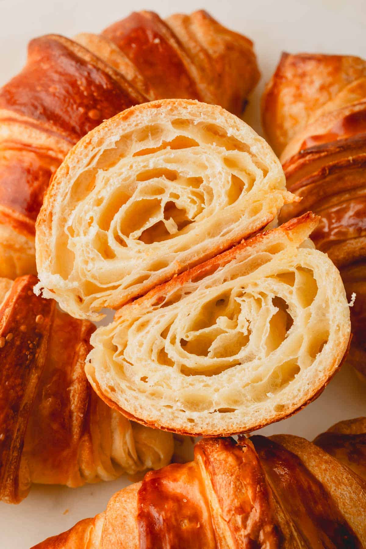 Cut open of the inside of a homemade croissant.