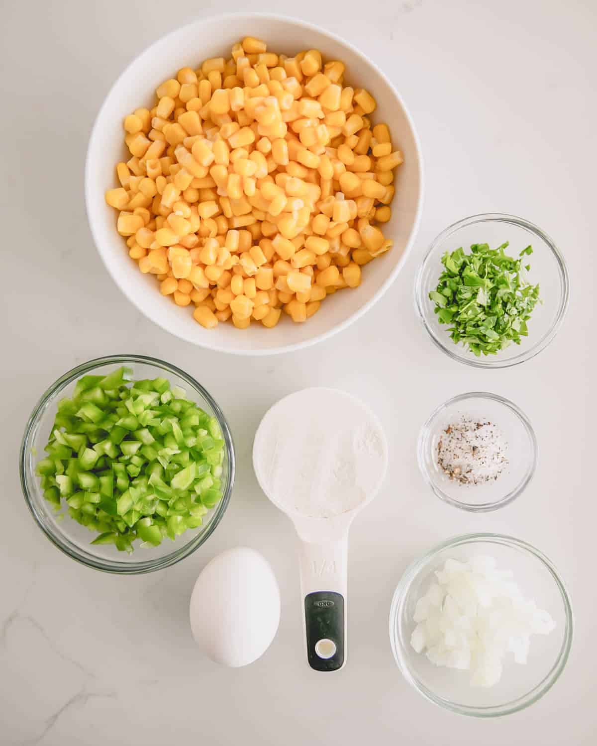 Ingredients for sweet corn fritters.