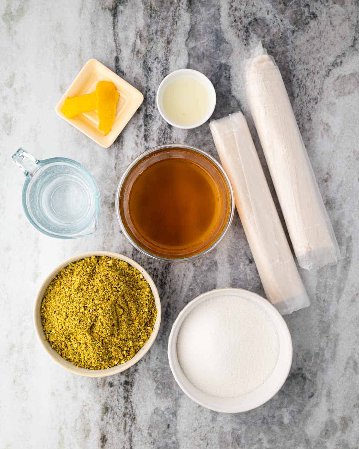 Ingredients for Turkish baklava also known as pistachio baklava.