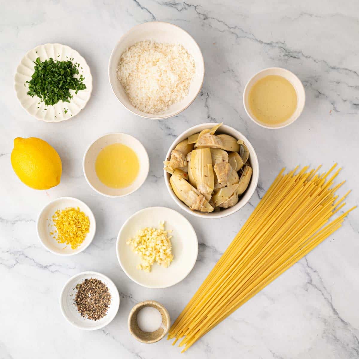 Ingredients for lemon artichoke pasta.