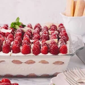 Side image of raspberry tiramisu in a glass baking dish.