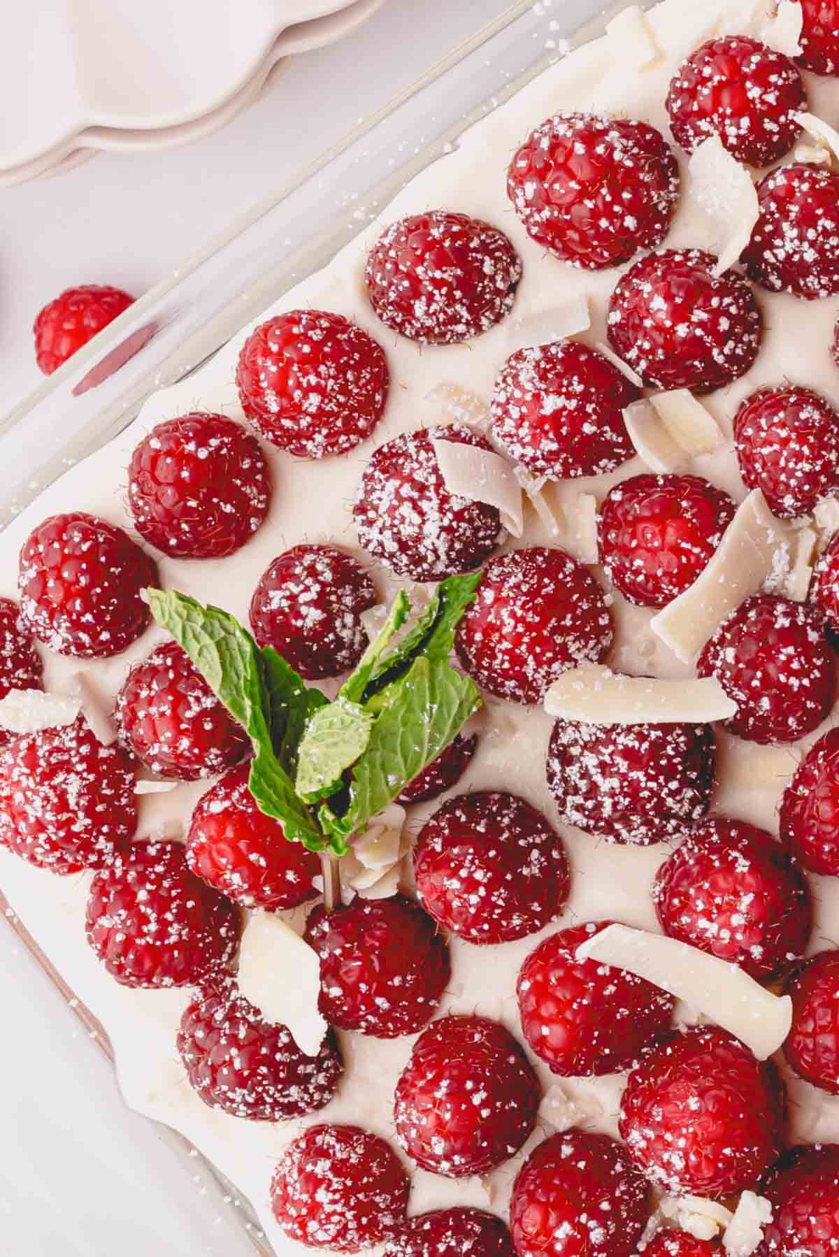Overhead image of raspberry tiramisu in a glass baking dish.