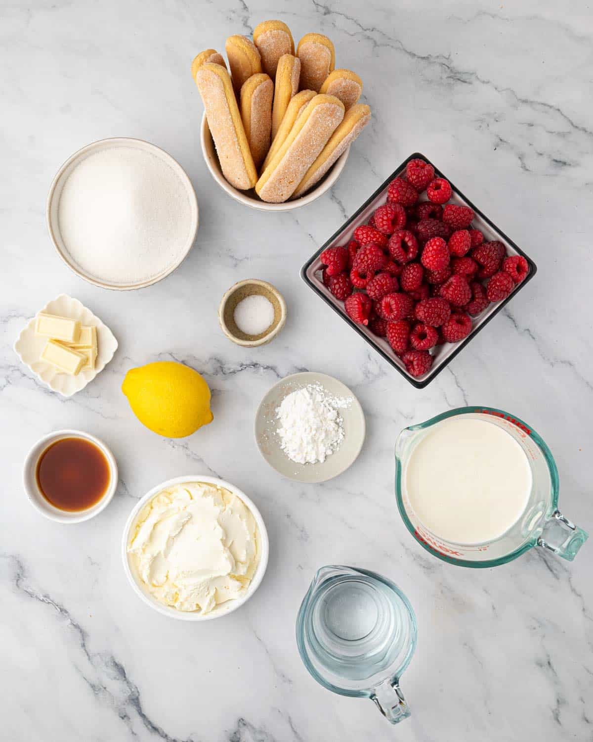 Ingredients for raspberry tiramisu.
