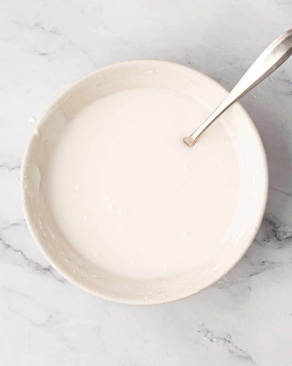 A white bowl with mixed icing and a spoon resting on the side.