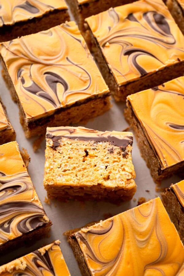 Overhead image of cut scotcharoo bars.