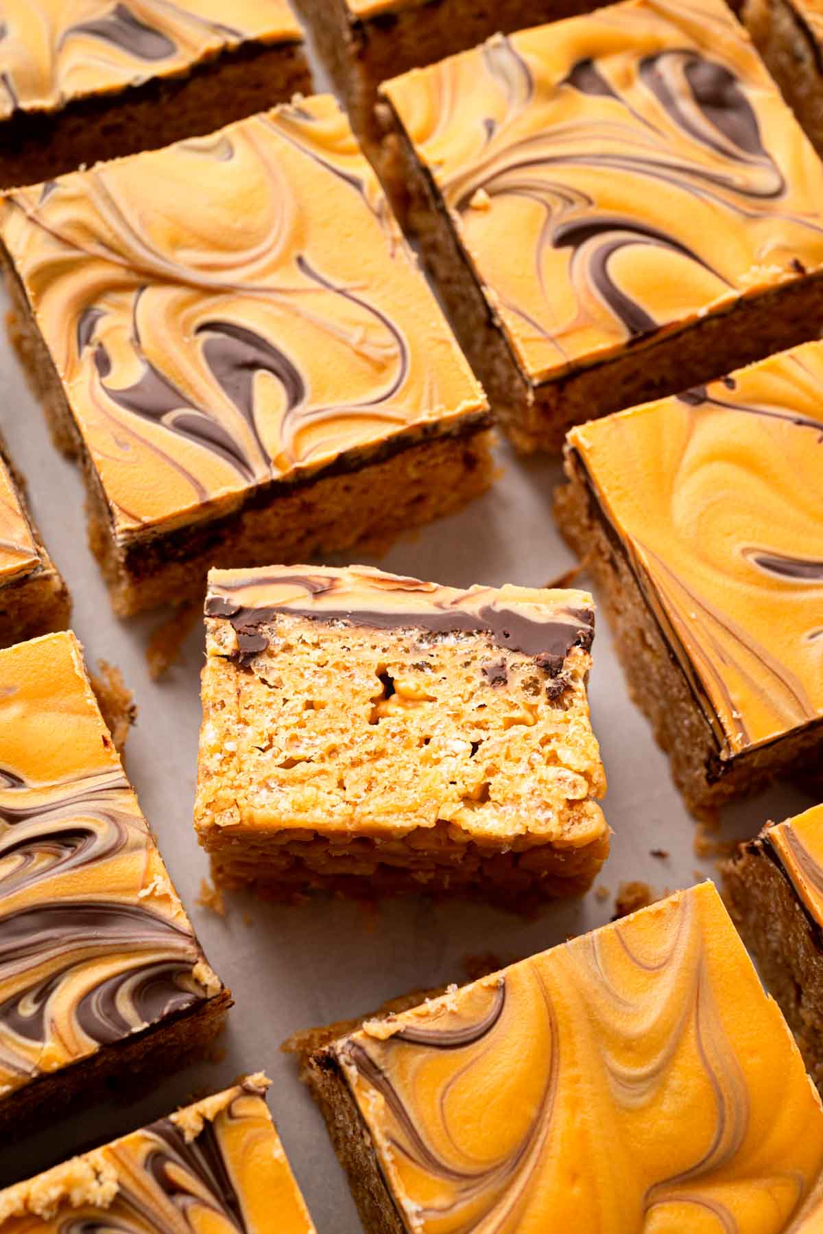 Overhead image of cut scotcharoo bars.