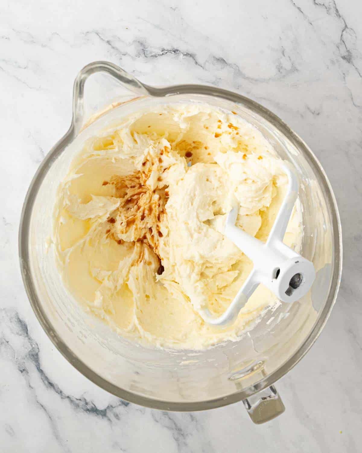 Creamed butter and roux with a paddle attachment and vanilla extract added.