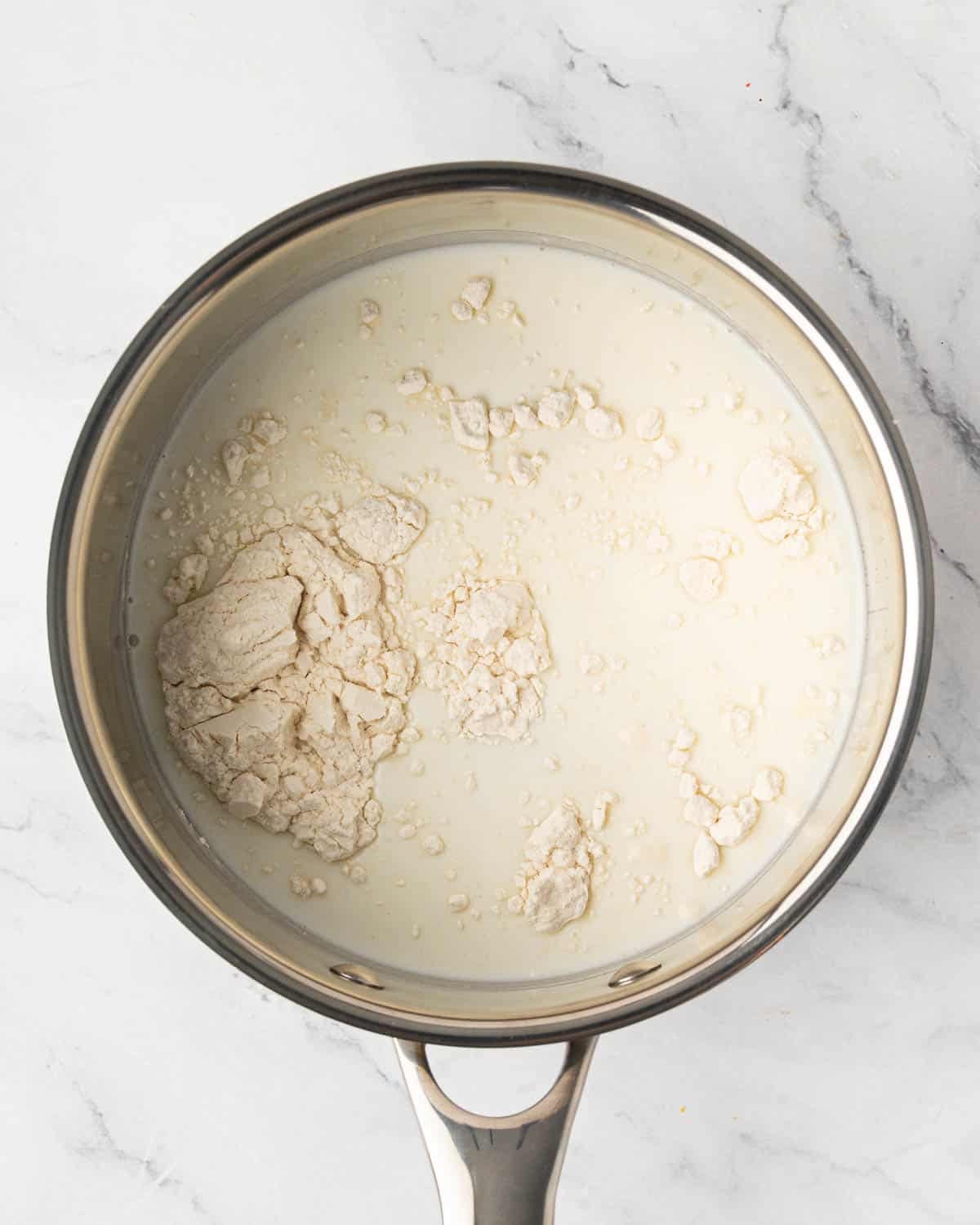 A saucepan with flour, butter, and milk.