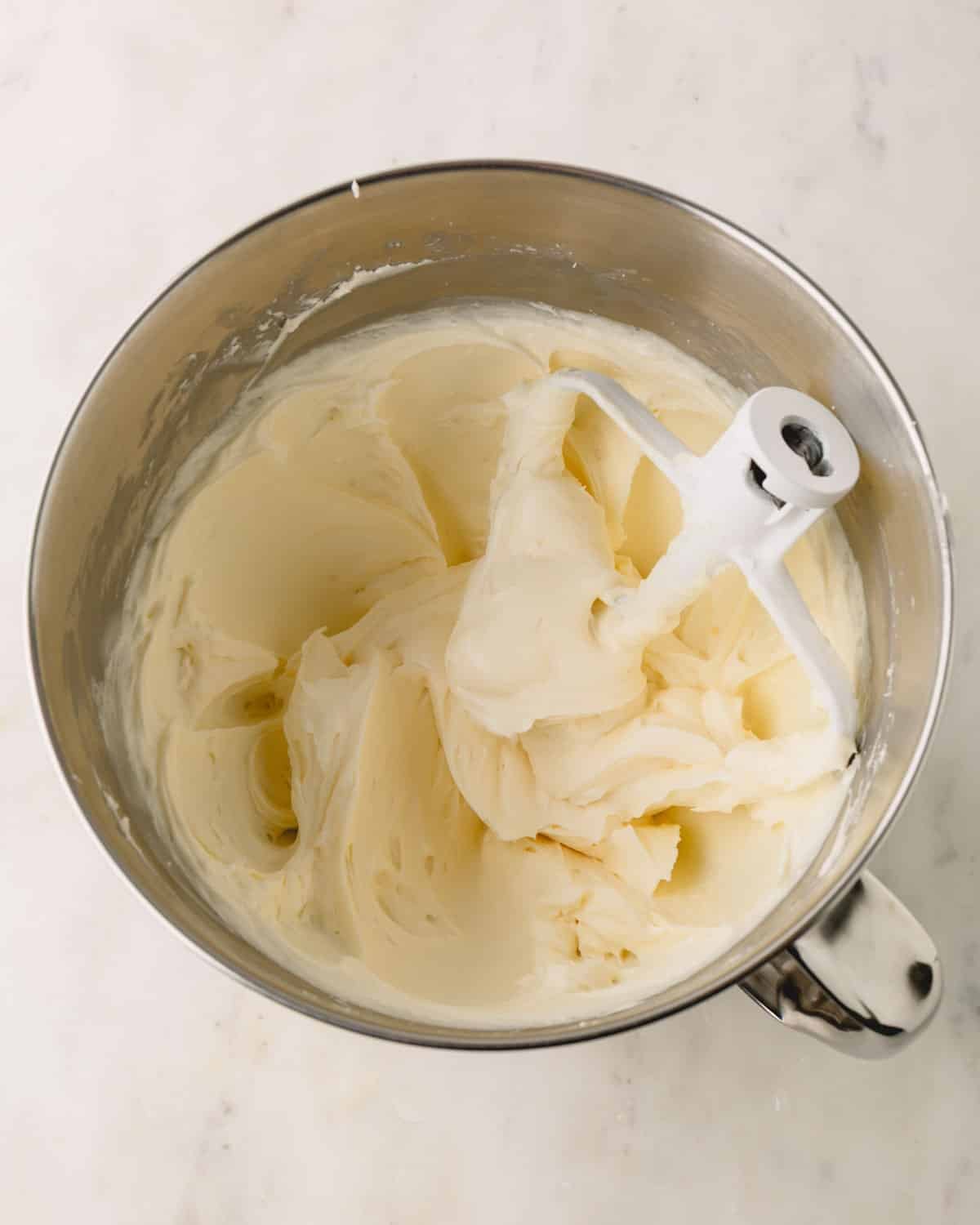 Cream cheese whipped with a paddle attachment.